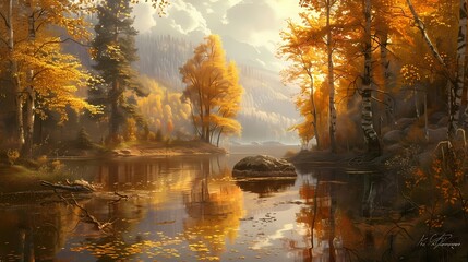 An idyllic riverside setting in the midst of an autumn forest, where the golden foliage reflects in the calm waters, creating a scene of serene beauty and tranquility