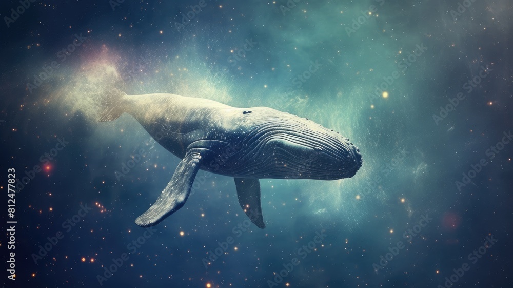 Poster surreal art design of a whale floating in space with a cosmic background and starry sky. digital art