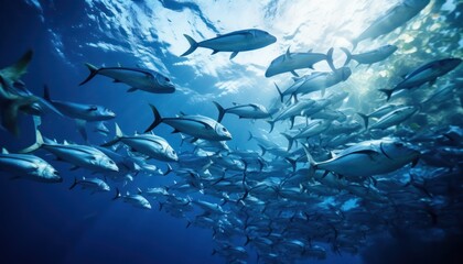 Groups of giant Tuna fish in the underwater, coral reef, amazing underwater life, various fish and exotic coral reefs, ocean wild creatures background