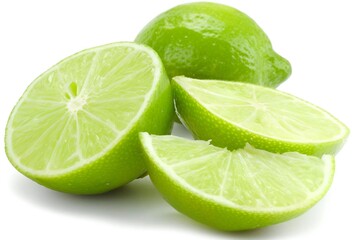 Juicy Green Lime with Freshly Cut Slices on a Clean White Background