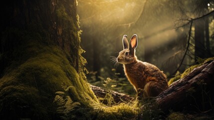 A wild hare in the forest, the rays of the sun are breaking through the trees. Beauty is in nature.