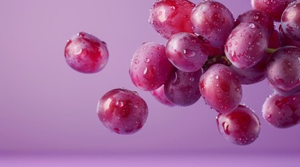 A cluster of grapes with refreshing water droplets floating against a soft purple background, highlighting their vibrant color.