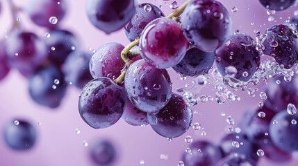 Lush purple grapes captured with sparkling water droplets against a soft pink background, emphasizing freshness and vitality.