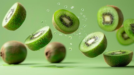 Refreshing image of kiwi slices and water droplets suspended in mid-air against a soft green background, highlighting freshness and detail.