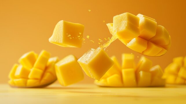Dynamic image of fresh mango cubes in mid-air, splashing juice against a vivid yellow background, highlighting tropical freshness.