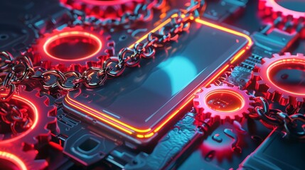 Chains wrapping around a smartphone, which is driving neon gears like a motor in a hightech factory