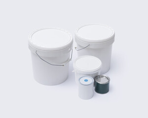 Set of paint buckets and varnish tins