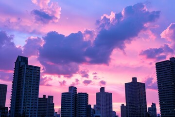 Silhouettes of buildings against a pastel-colored sky