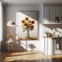 A kitchen have mockup poster empty white with a painting of sunflowers image harmony lively has illustrative meaning illustrator illustrator.