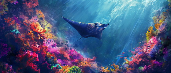 Majestic manta ray glides through crystal-clear waters, surrounded by vibrant coral reefs and a school of small fish, under a sunlit, blue ocean surface
