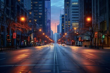 Empty streets lined with city lights fading into the morning