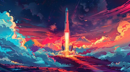 Spaceship takes off into the sky. Rocket starts into space. illustration