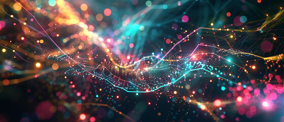A cosmic dance of digital lines and nodes, glowing in a spectrum of colors across an abstract space.