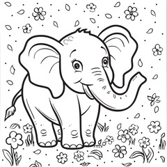 Black and White Cartoon Illustration of Elephant Animal Coloring page for kids and adults. Print design, t-shirt design, tattoo design, mural art, line art.
