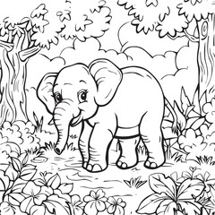 Black and White Cartoon Illustration of Elephant Animal Coloring page for kids and adults. Print design, t-shirt design, tattoo design, mural art, line art.