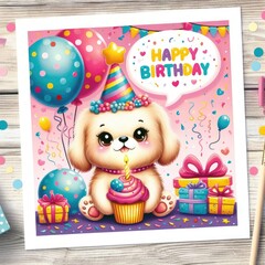 Obraz premium Birthday cards card with a dog and balloons image art realistic photo has illustrative meaning illustrator.