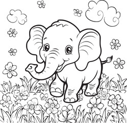 Black and White Cartoon Illustration of Elephant Animal Coloring page for kids and adults. Print design, t-shirt design, tattoo design, mural art, line art.