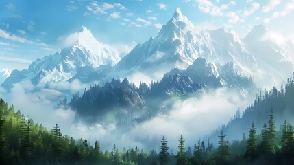 A breathtaking 4K landscape of a snow-capped mountain range, with towering peaks piercing the clouds and a dense forest of evergreen trees blanketing the foothills.