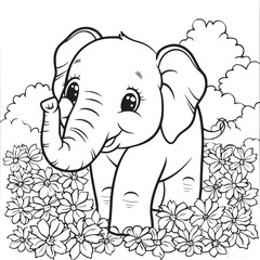 Black and White Cartoon Illustration of Elephant Animal Coloring page for kids and adults. Print design, t-shirt design, tattoo design, mural art, line art.