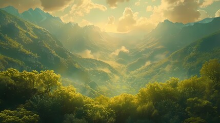 A breathtaking 4K landscape featuring majestic mountains towering above a dense forest of vibrant green trees, with sunlight peeking through the clouds, illuminating the scene in golden hues