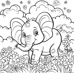 Black and White Cartoon Illustration of Elephant Animal Coloring page for kids and adults. Print design, t-shirt design, tattoo design, mural art, line art.