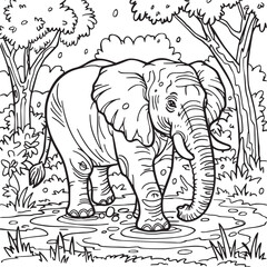 Black and White Cartoon Illustration of Elephant Animal Coloring page for kids and adults. Print design, t-shirt design, tattoo design, mural art, line art.