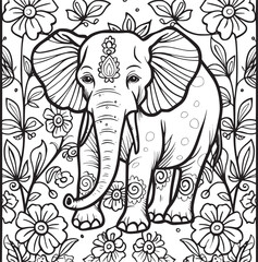 Black and White Cartoon Illustration of Elephant Animal Coloring page for kids and adults. Print design, t-shirt design, tattoo design, mural art, line art.