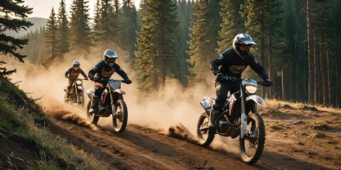 Fototapeta premium wallpaper representing a group of bikers competing in a motocross race, on high mountain trails.