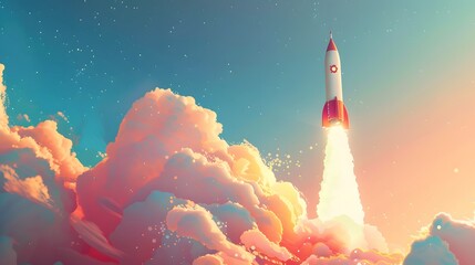 Spaceship takes off into the sky. Rocket starts into space. illustration