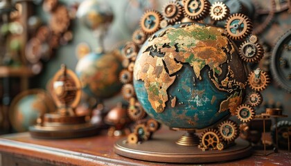 Gears arranged to form a globe, each continent meticulously crafted from smaller cogs and wheels