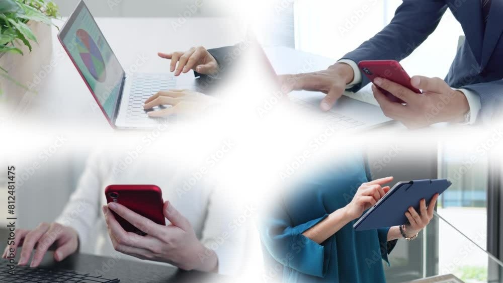 Poster collage video of various business scenes with various digital devices. blur transition from white ba