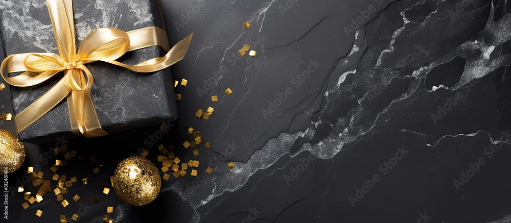 Poster Top view of a black stone background adorned with gold and silver decorations and a present box creating a Christmas ambiance The image offers ample copy space