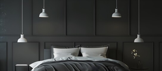Dark gray wall background with bed and lamps