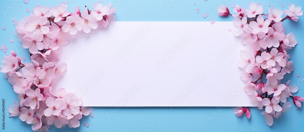 Poster a blue background adorned with pink petals creates an artistic layout the blank card offers ample co