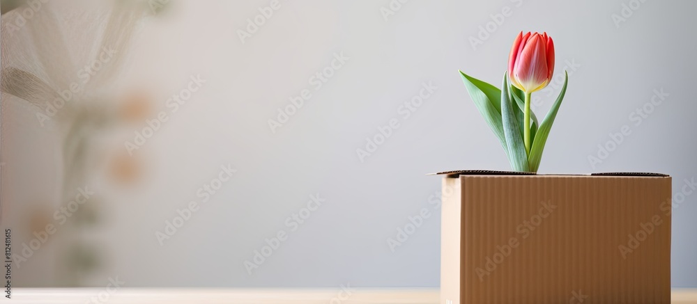 Poster a spring fresh tulip adorns a carton with a cardboard box providing an image with ample empty space