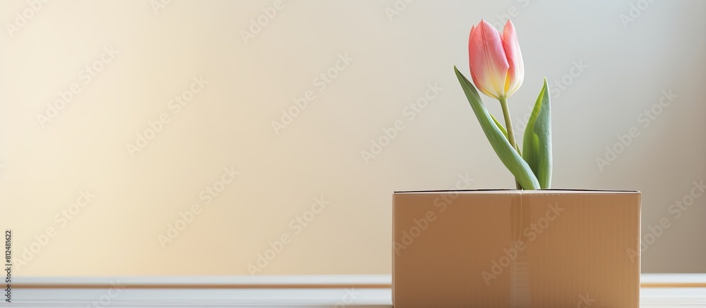 Aufkleber A spring fresh tulip adorns a carton with a cardboard box providing an image with ample empty space