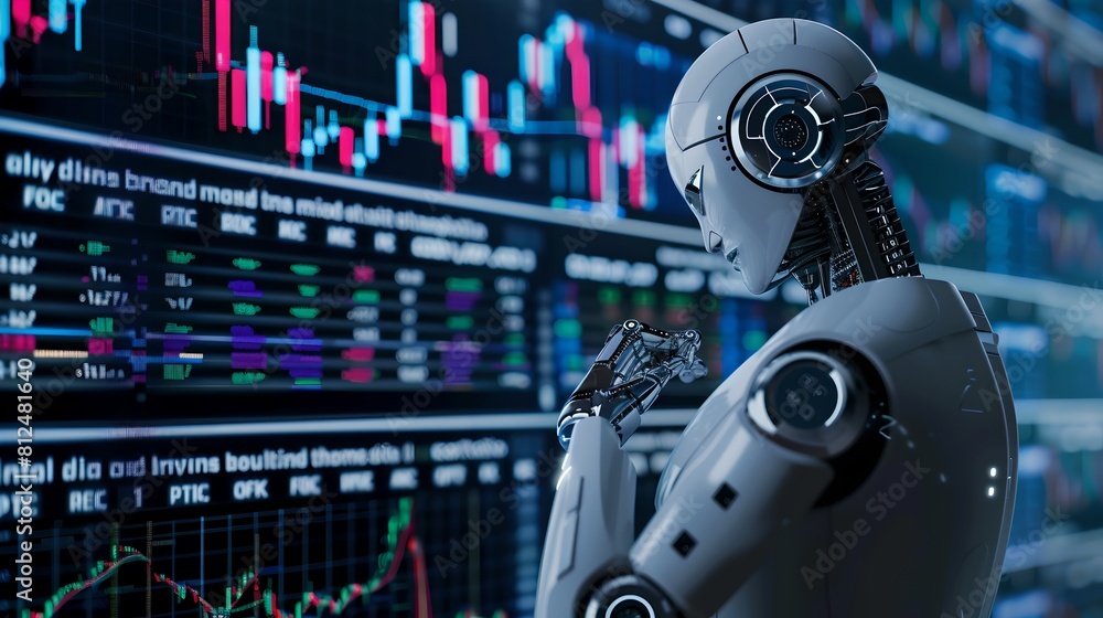 Poster ai robot analyzing stock market data on screens. modern financial analysis by artificial intelligenc