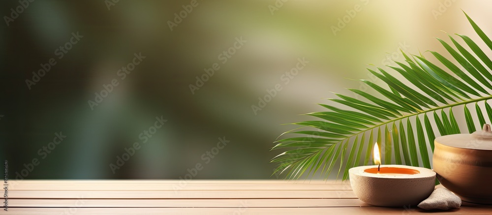 Aufkleber aesthetic copy space image of a spa setting with a palm leaf placed delicately on a wooden table