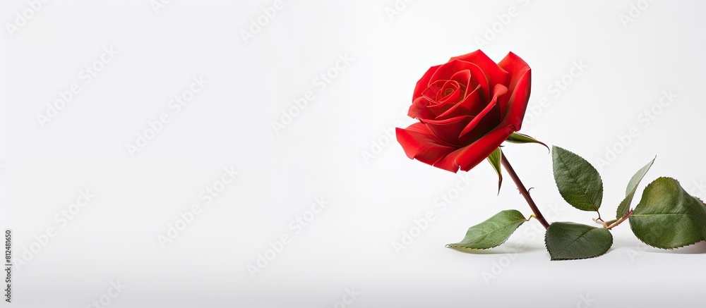Poster A closeup of a red rose against a white background with empty space for text or graphics. Creative banner. Copyspace image