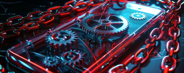 Gears embedded into a neonlit smartphone screen, with chains forming a protective barrier around it