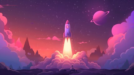 Spaceship takes off into the sky. Rocket starts into space. illustration