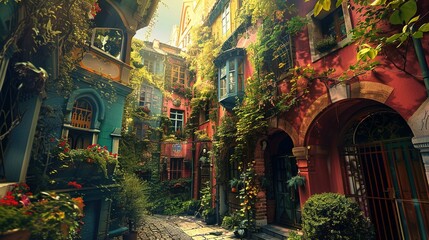 The image features a charming cobblestone alleyway flanked by multi-storied buildings adorned with...