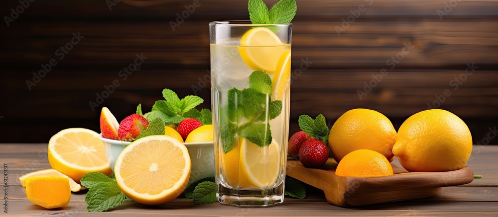Poster A refreshing glass of homemade lemonade along with a reamer and various fruits is beautifully arranged on a wooden table in a flat lay composition Ample space is provided for text