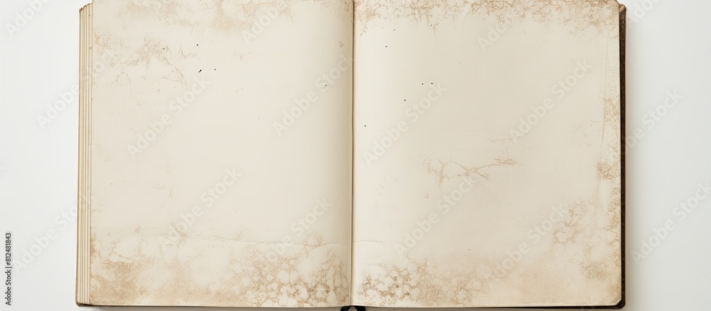 Poster An aged blank notebook sitting alone on a pristine white surface providing ample room for additional content in the frame