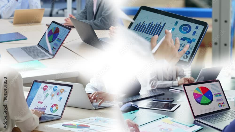Aufkleber collage video of various business scenes with various digital devices. blur transition from white ba