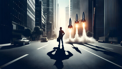 Obraz premium a businessman from which miniature rockets are launching, set against a cityscape. This metaphor captures the essence of making bold, high-stakes decisions in the business world.