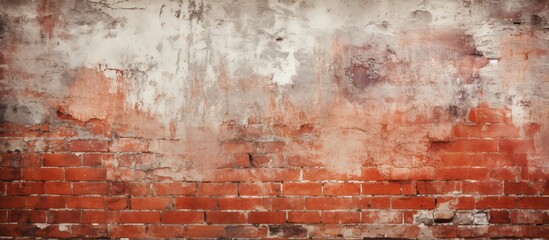 Obraz premium An aged brick wall with a grunge red stonewall background whitewashed distressed surface and grungy wide brickwall The shabby building facade has damaged plaster This abstract web banner contains cop