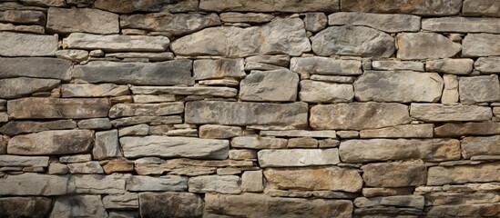 An aged stone wall crafted from sturdy masonry featuring a weathered stone surface provides ample copy space for creative designs
