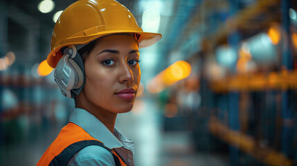 A portrait of a young Asian woman wearing a hardhat and headphones against a warehouse backdrop. - Powered by Adobe