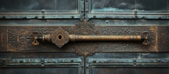 Architectural background with an ancient metal handle on a door providing copy space image